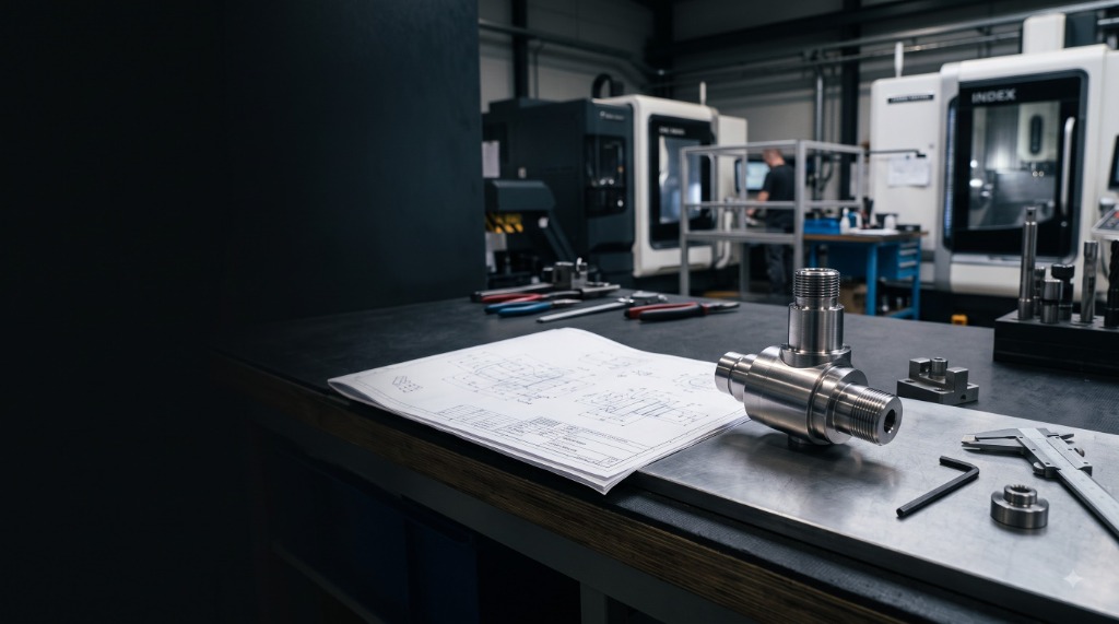 Technical 2D blueprint drawing on bench with machined prototype part