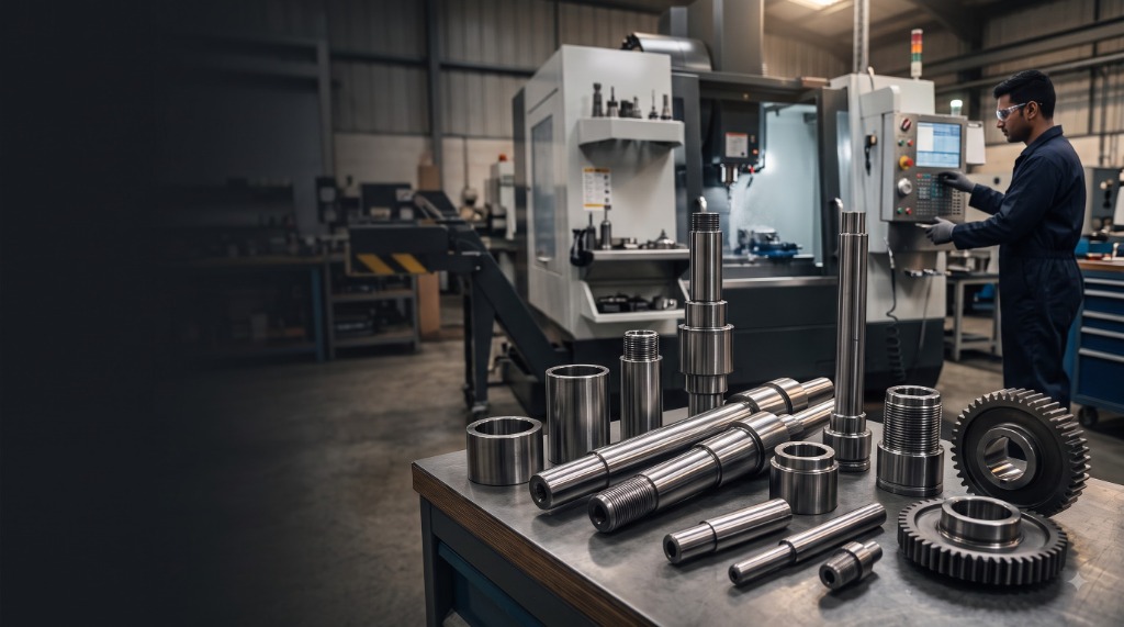 Precision machined shafts, gears, and components on workstation