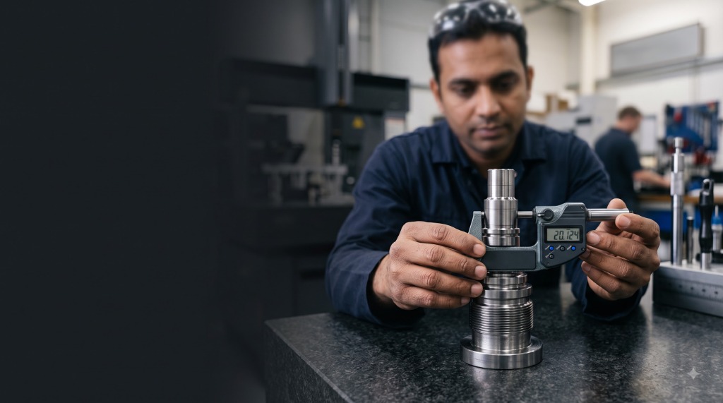 Quality inspector calibrating machined component with digital micrometer